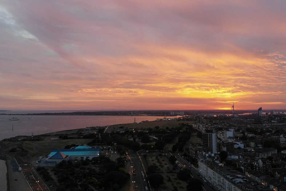 Portsmouth Southsea aerial view at sunset